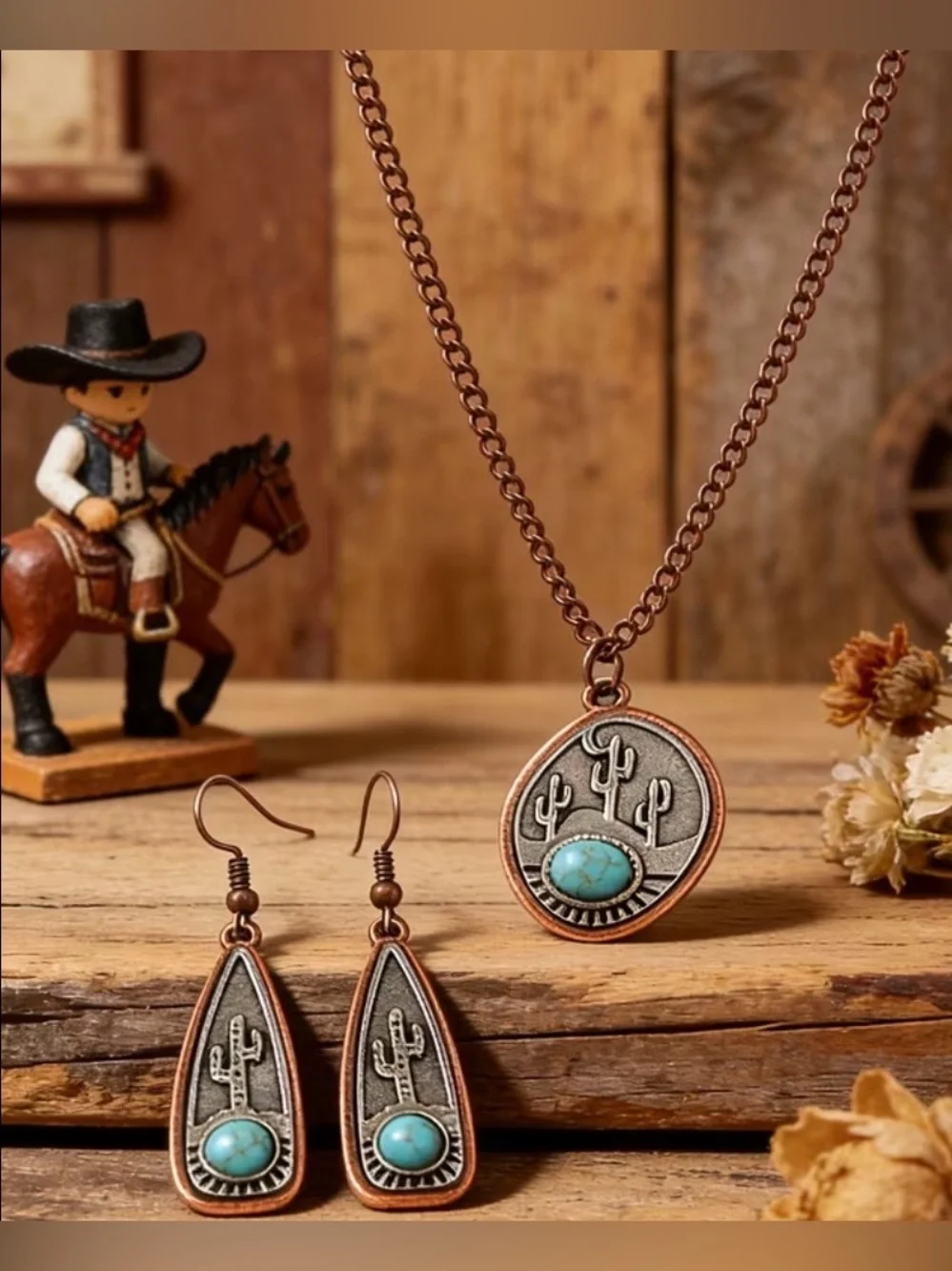 Western Turquoise Stone Cactus Pendant Necklace & Earring Set - Copper Tone